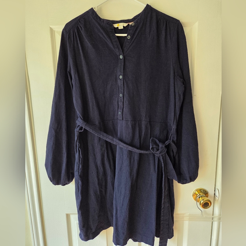 Boden Mini Dress 14 R Navy Shirtdress Belted Long Sleeves Cotton